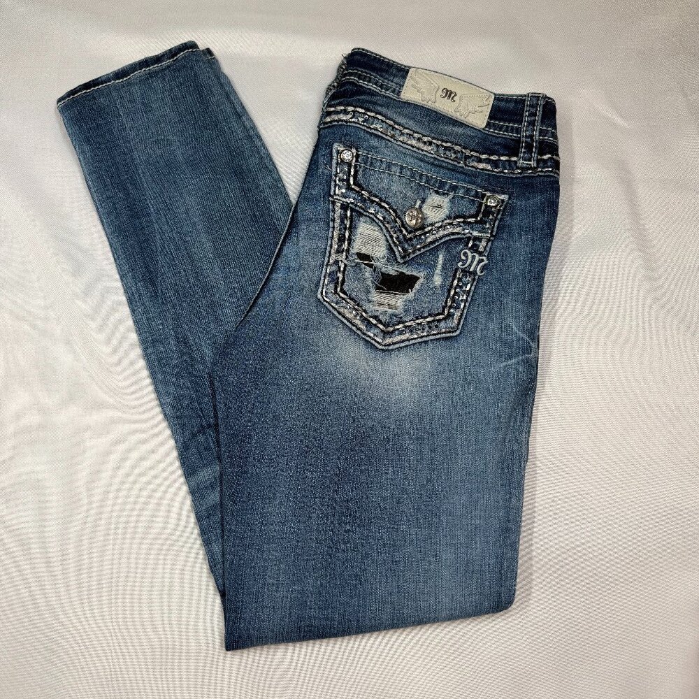 Miss Me Mid Rise Skinny Jeans 31 Distressed Flap Pocket 33.5 Inseam